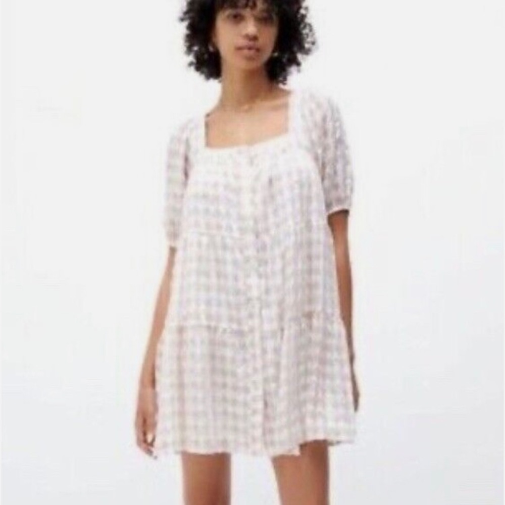 En Saison Value Mini Dress M White Rust Pink Gingham Puff Sleeve Tie Back Tiered